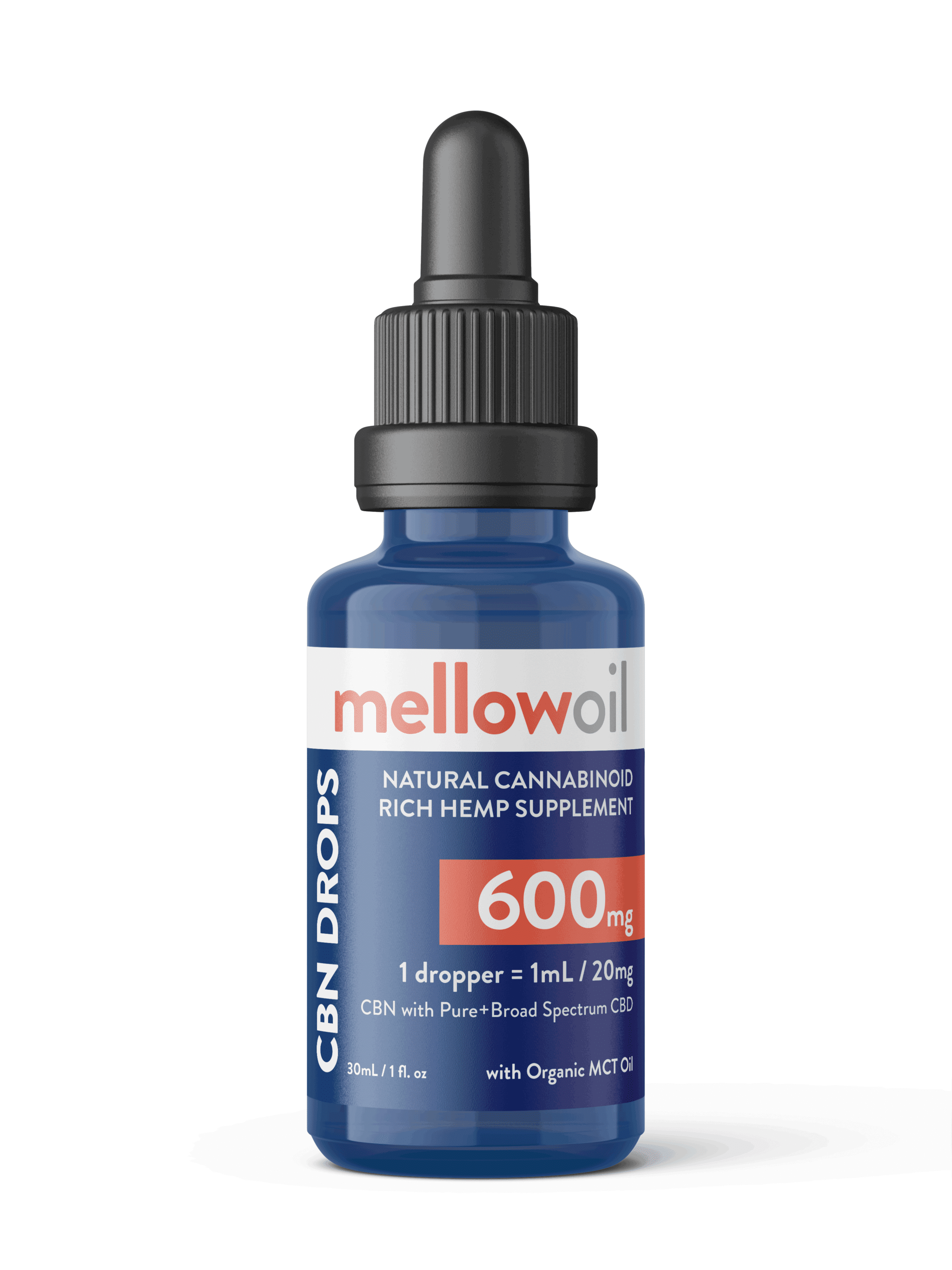 Mellow Oil CBN Drops 600mg with 1:1 Broad Spectrum CBD and CBN - Cannabinol  / 20mg of Cannabinoids per mL - Mellow CBD